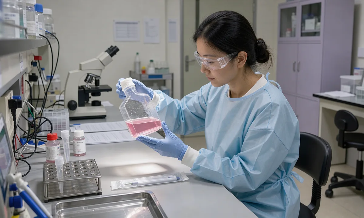 A laboratory technician examining a clear cell culture flask under a bench light