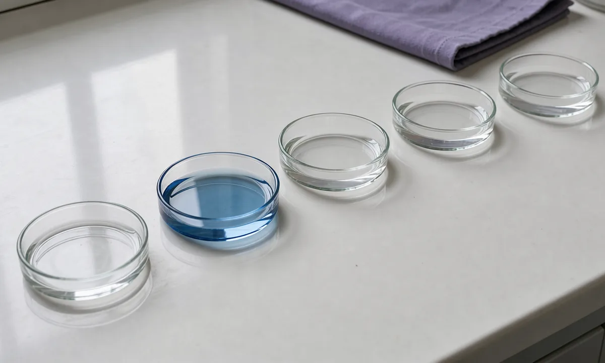 A blue solution beside clear solutions in separate shallow glass dishes