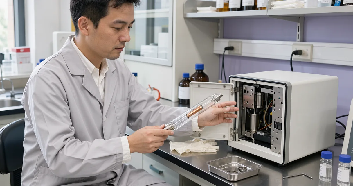 A technician handling an analysis lamp beside a laboratory instrument