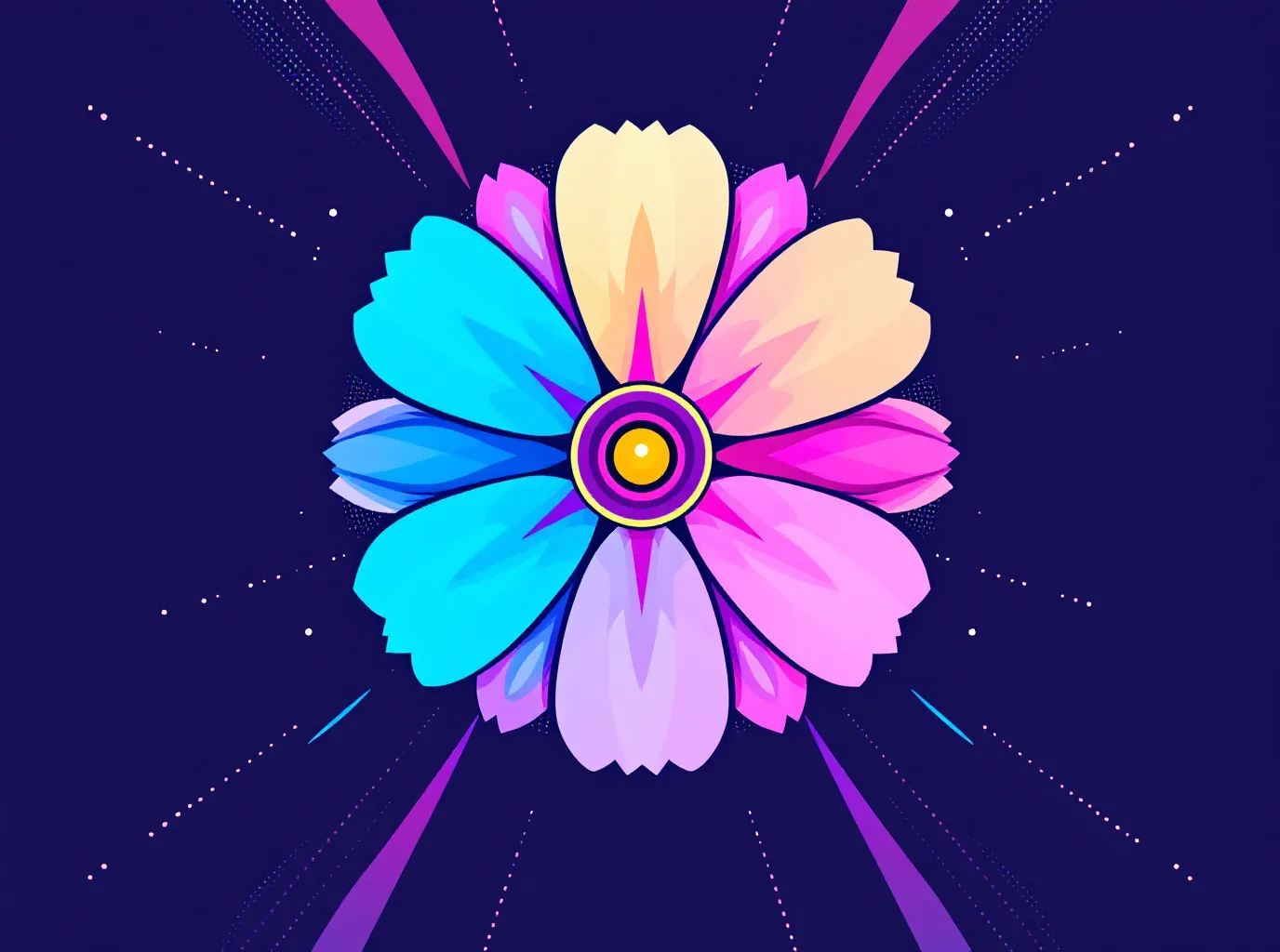 Cool-electric psychedelic four-petal daisy representing the four-peptide KLOW blend, the largest cyan petal standing for the mass-dominant GHK-Cu component, on a deep violet ground