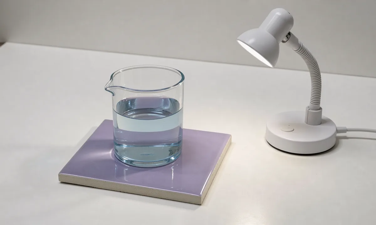 A glass mixing vessel and an inspection light on a white laboratory bench